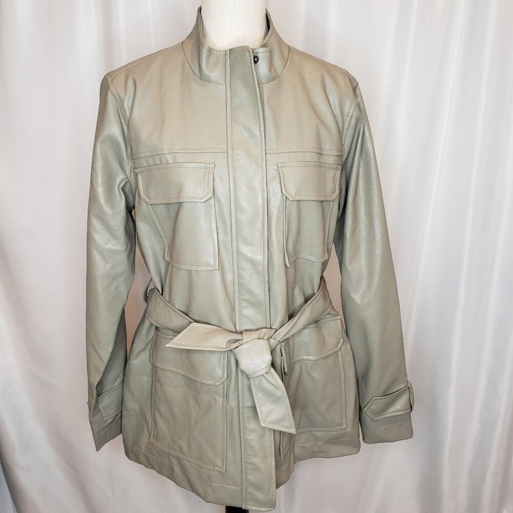 A New Day Faux Leather Belted Anorak Neutral Jacket Weather Resistant Med New - Picture 4 of 10